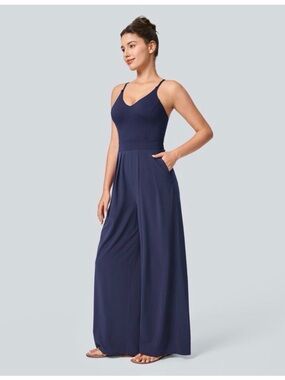 HALARA Navy V-Neck Wide-Leg Jumpsuit with Spaghetti Straps